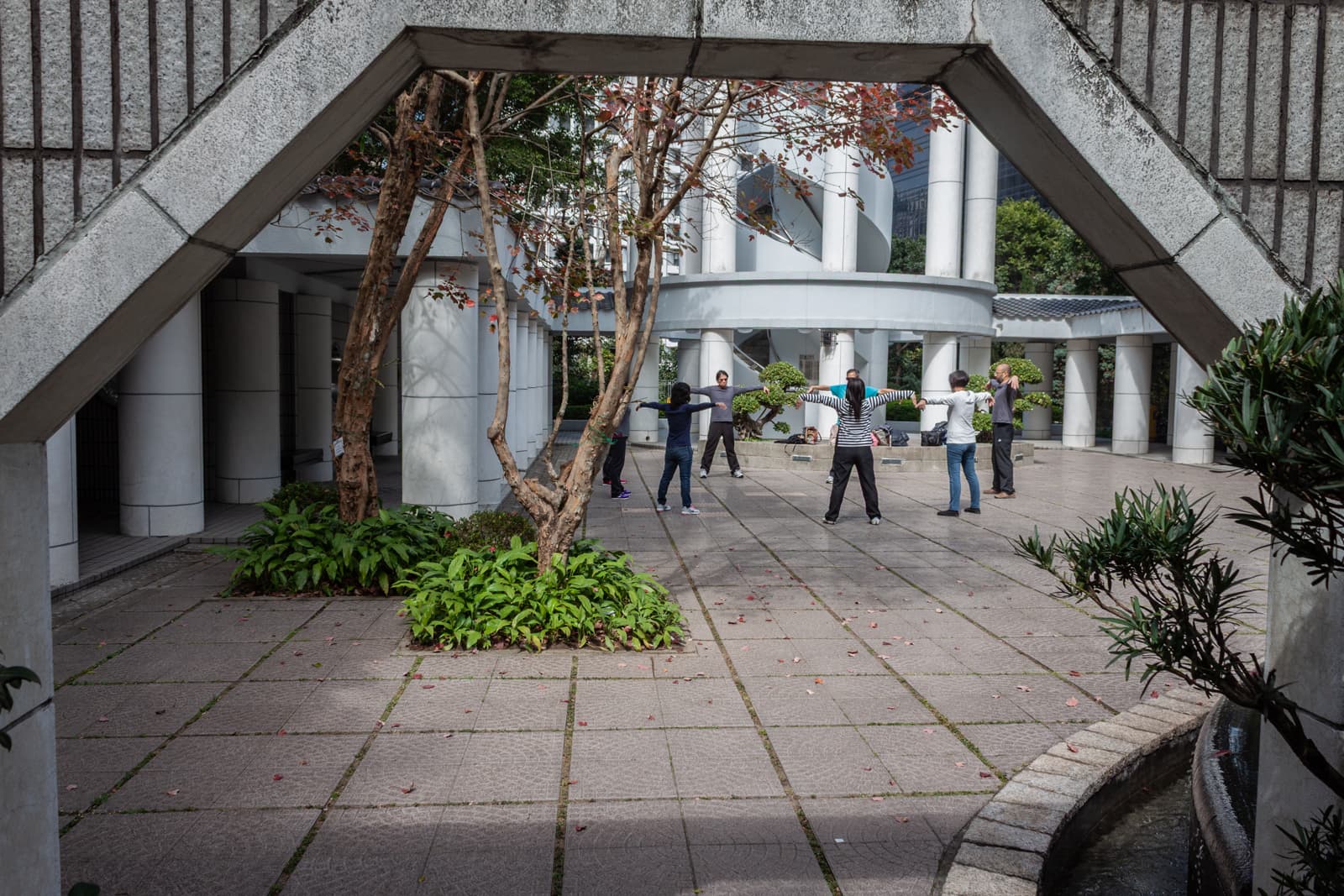 A small group of people performing outdoor exercises in a courtyard surrounded by modern architectural elements. Trees and shrubs add greenery to the urban setting, and a triangular concrete arch frames the scene.