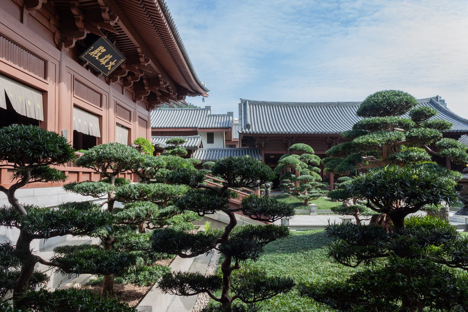 A serene courtyard garden within a traditional temple complex. Neatly pruned bonsai-style trees line the pathways, and the surrounding wooden buildings with tiled roofs reflect classic East Asian architecture under a bright, clear sky.