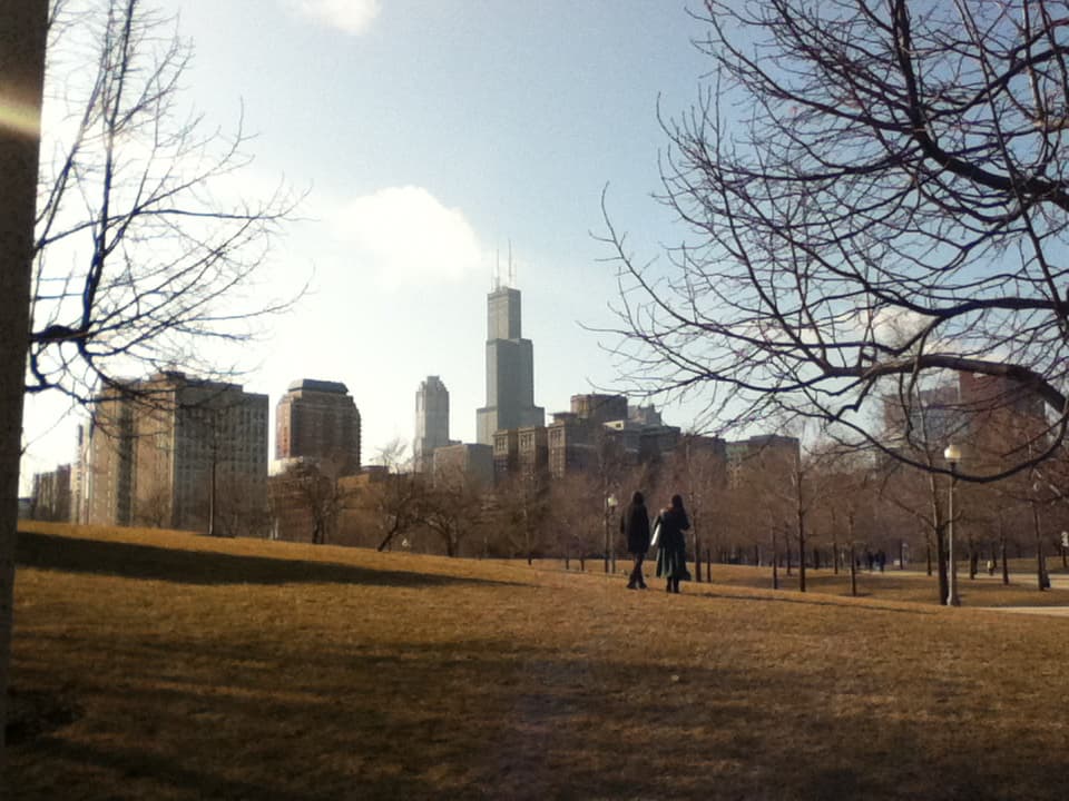 A color photo taken from a park, showing the Chicago skyline in the distance. Two people are walking along a path lined with bare trees. The sun shines brightly, casting long shadows on the grassy foreground.