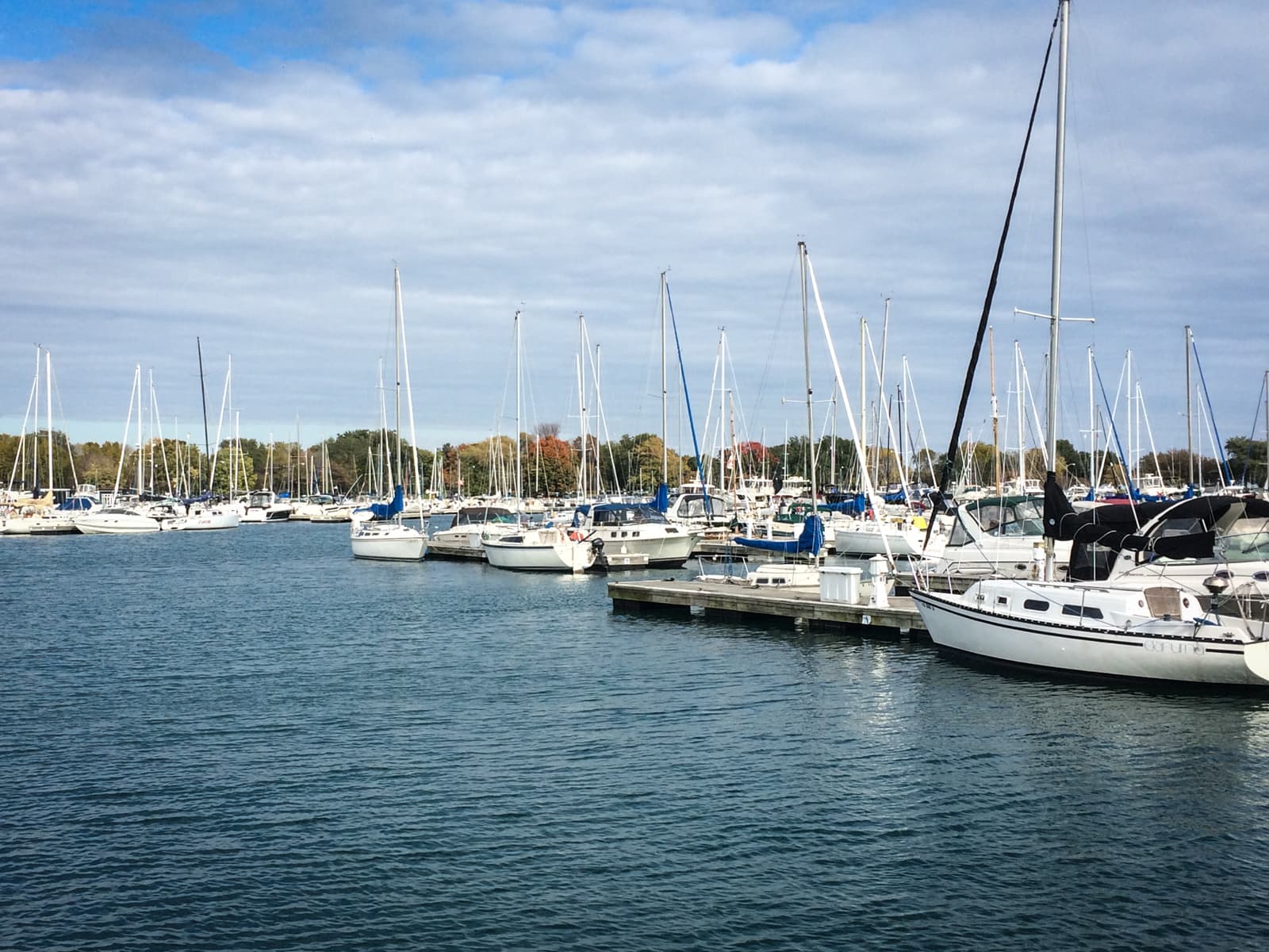 A marina filled with sailboats docked at piers, with calm water in the foreground and a partly cloudy sky overhead.