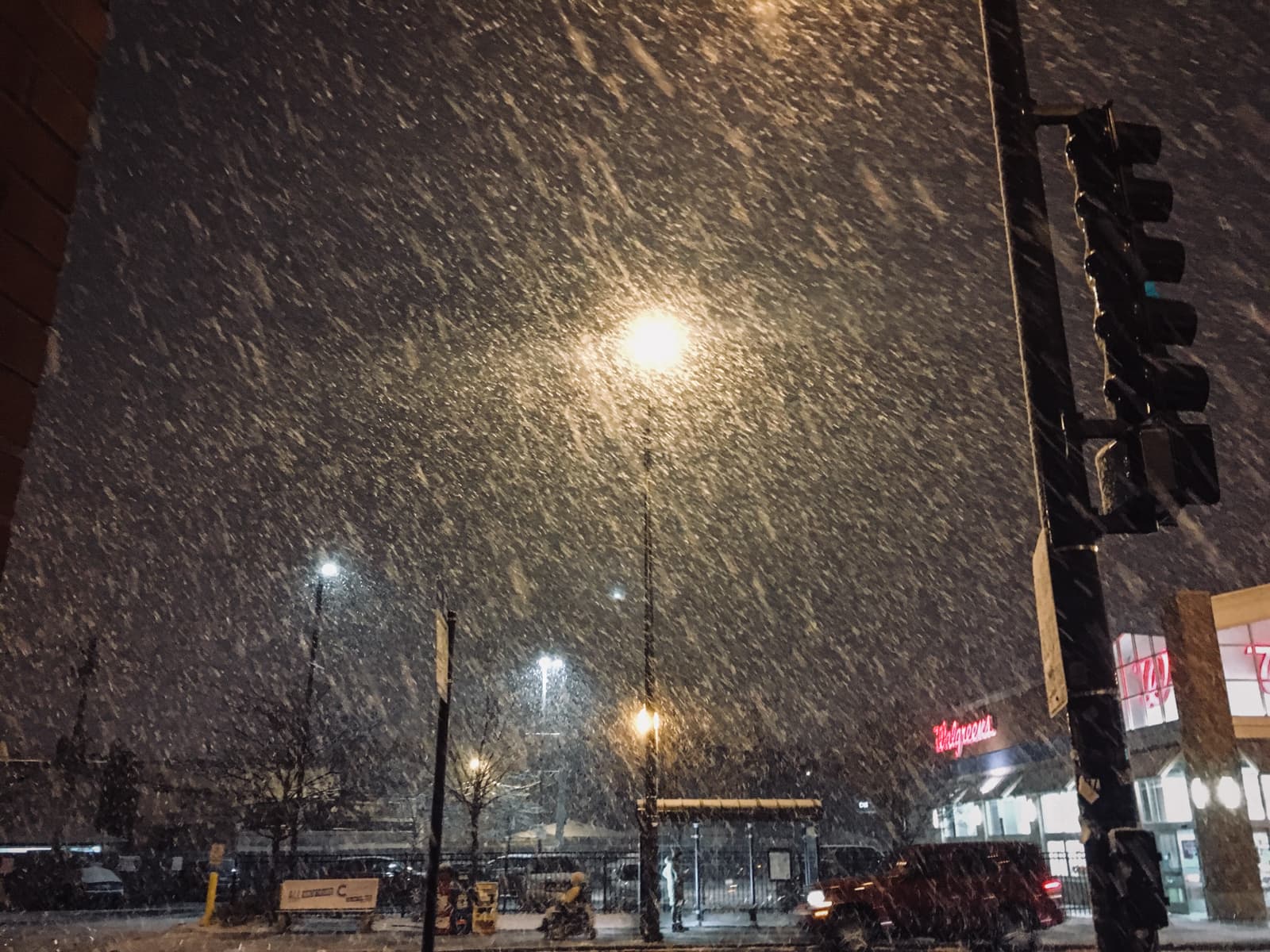 A nighttime urban scene with heavy snowfall illuminated by a streetlight. Large snowflakes are captured in mid-fall, creating a textured blur across the image. A traffic light and nearby Walgreens store are visible, along with a few cars on the street, contributing to the wintry atmosphere.