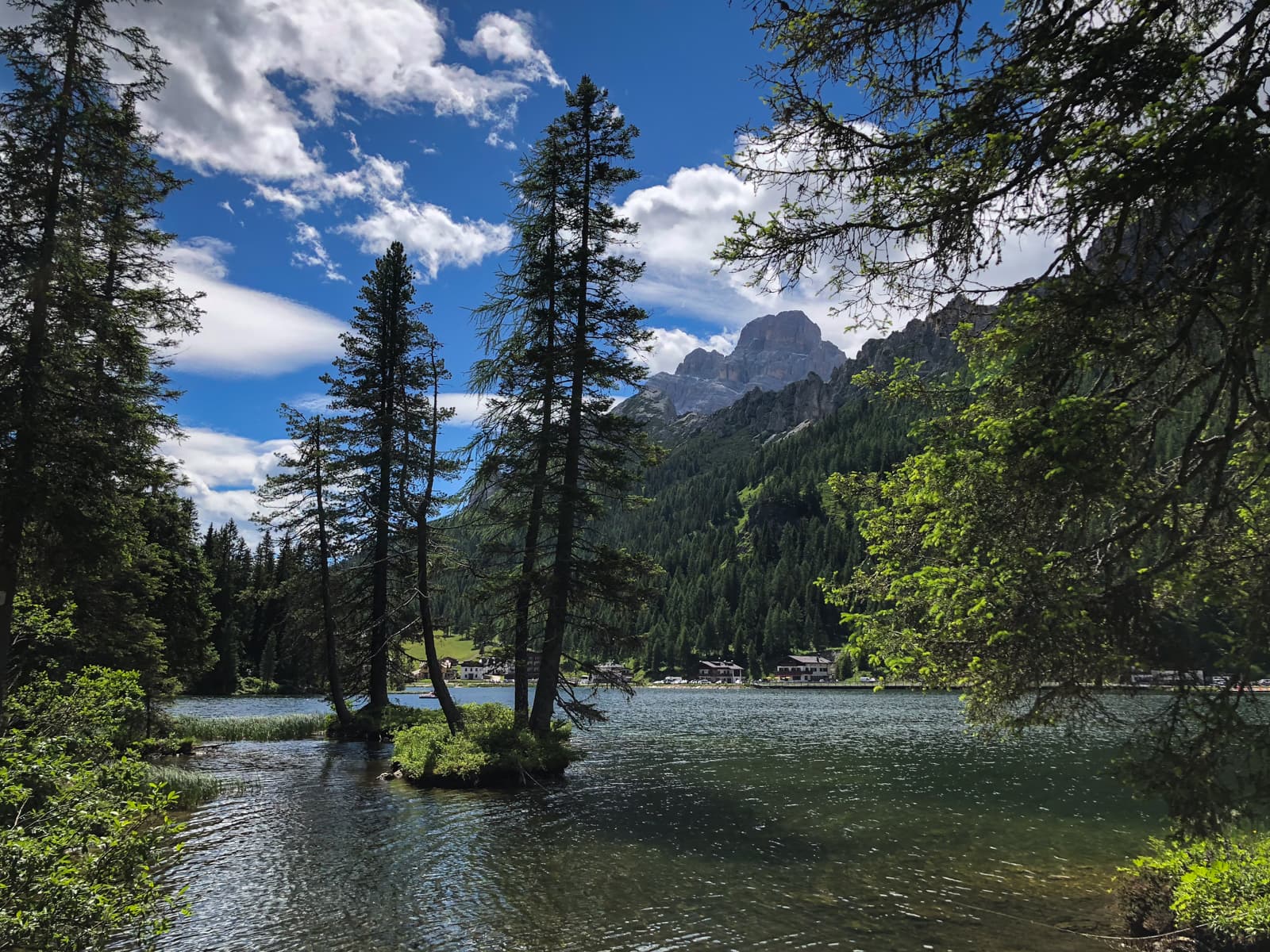 A serene lakeside scene with tall, thin evergreen trees standing on a small island in the water. The lake is calm, reflecting the trees and surrounding landscape. In the background, lush green forests cover the slopes of mountains, and jagged peaks rise against a partly cloudy blue sky.