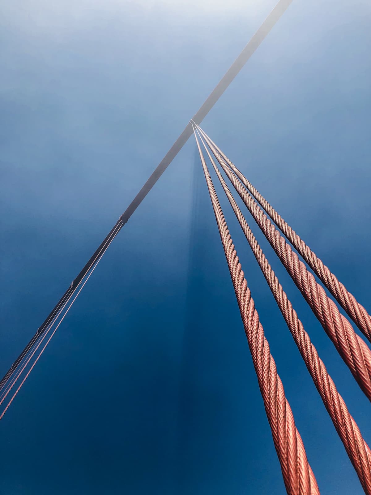A striking upward view of suspension cables on a bridge. The thick, rust-colored cables stretch diagonally across a clear blue sky, converging at the top where they meet the structure. The bright sunlight creates a soft glow around the cables, highlighting their texture.