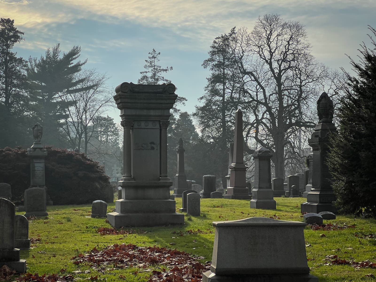 This image depicts a tranquil cemetery scene, capturing a serene atmosphere in the early morning or late afternoon light. The gravestones and large monuments stand solemnly against a backdrop of tall trees, some of which are bare while others are still covered in leaves. The soft light filtering through the misty air adds an almost ethereal quality to the scene, highlighting the contours of the monuments and creating long shadows on the ground. The mix of greenery, fallen leaves, and stone creates a timeless feel, inviting contemplation in this peaceful resting place.