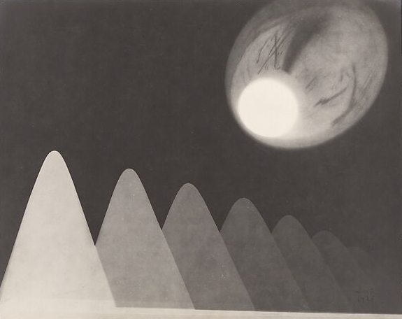 Geometric triangular shapes in a repeating row resembling stylized mountains, beneath a glowing circular orb in a dark sky, evoking a minimalist, dreamlike landscape.