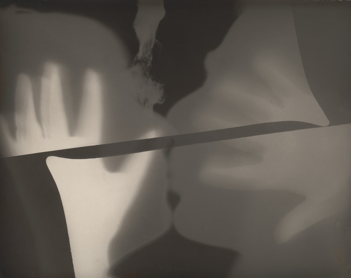 Abstract composition of soft, overlapping light and shadow forms, with a horizontal dark band cutting across the image, creating layered depth and a misty, atmospheric effect.