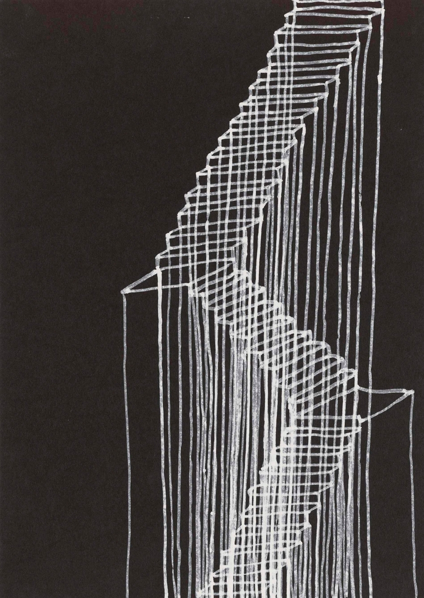 Abstract drawing of white lines on a black background depicting a cascading series of staircases seen in perspective. The stairs ascend from bottom-right to upper-right, rendered with loose, overlapping crosshatched lines that create a sense of depth and repetition, as if multiple transparent stairways are layered on top of one another. Long vertical lines trail downward from each landing, giving the composition a feeling of height and suspension.