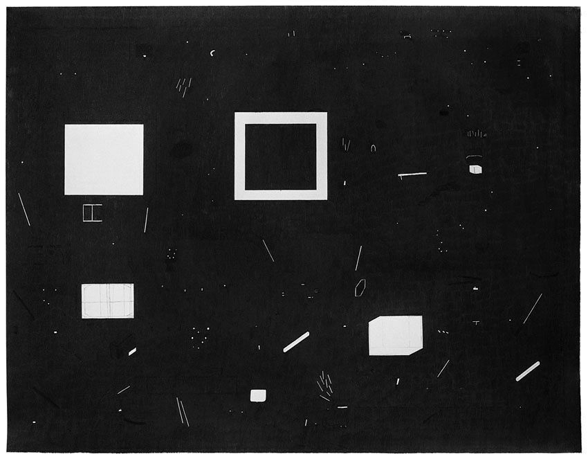 Abstract black-and-white artwork featuring geometric shapes — including a solid white square, a white-outlined square frame, and two smaller grid-divided rectangles — scattered across a dark background alongside small white dashes, dots, and linear marks suggesting a fragmented, constellation-like composition.