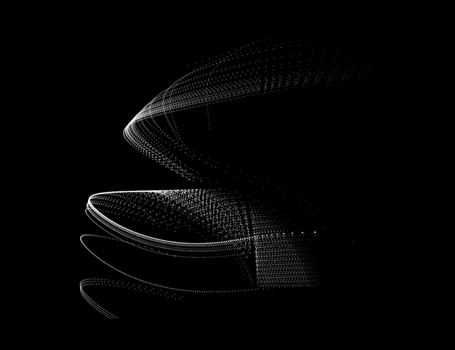 A black background with a swirling, ribbon-like form made of thousands of fine white particles. The structure curves like a wide, twisting band of light—curling upward and outward at the top, then spiraling into looser, overlapping ring-like layers toward the bottom, evoking motion, data flow, or a digital wave.