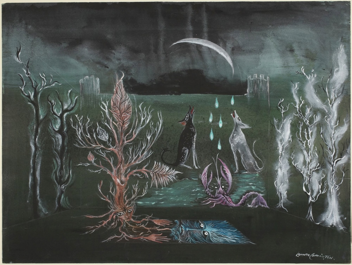 A surrealist painting on dark ground. The scene depicts a shadowy nocturnal landscape with a crescent moon and storm clouds overhead. Two dog-like creatures — one black, one pale — howl upward, with glowing turquoise teardrops falling between them. In the foreground, a fantastical tree with a human face and feathered branches grows from root-like hands. A purple crustacean-creature lurks nearby, and a blue fish-like being with large eyes peers from a reflective pool. Ghostly bare trees frame the scene on either side, with a castle silhouette visible in the background.