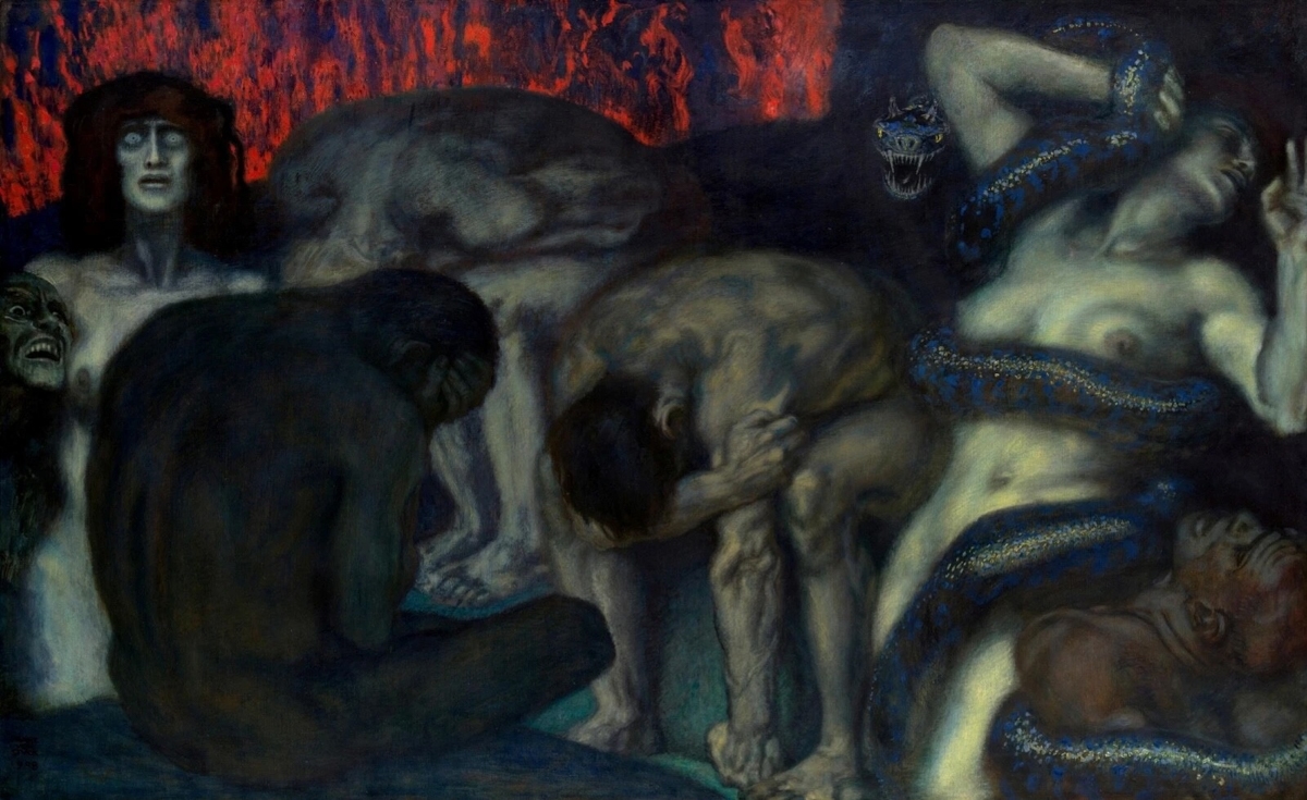 A dark, brooding Symbolist painting depicting a scene of suffering in what appears to be Hell or the underworld. Multiple nude figures are rendered in cold blue-gray tones — some hunched in despair, others twisted in anguish. A pale ghostly female figure stands at the left with blank white eyes, while a vivid blue-and-gold serpent coils around a writhing figure at the right. Flames in deep red and orange light the upper background.