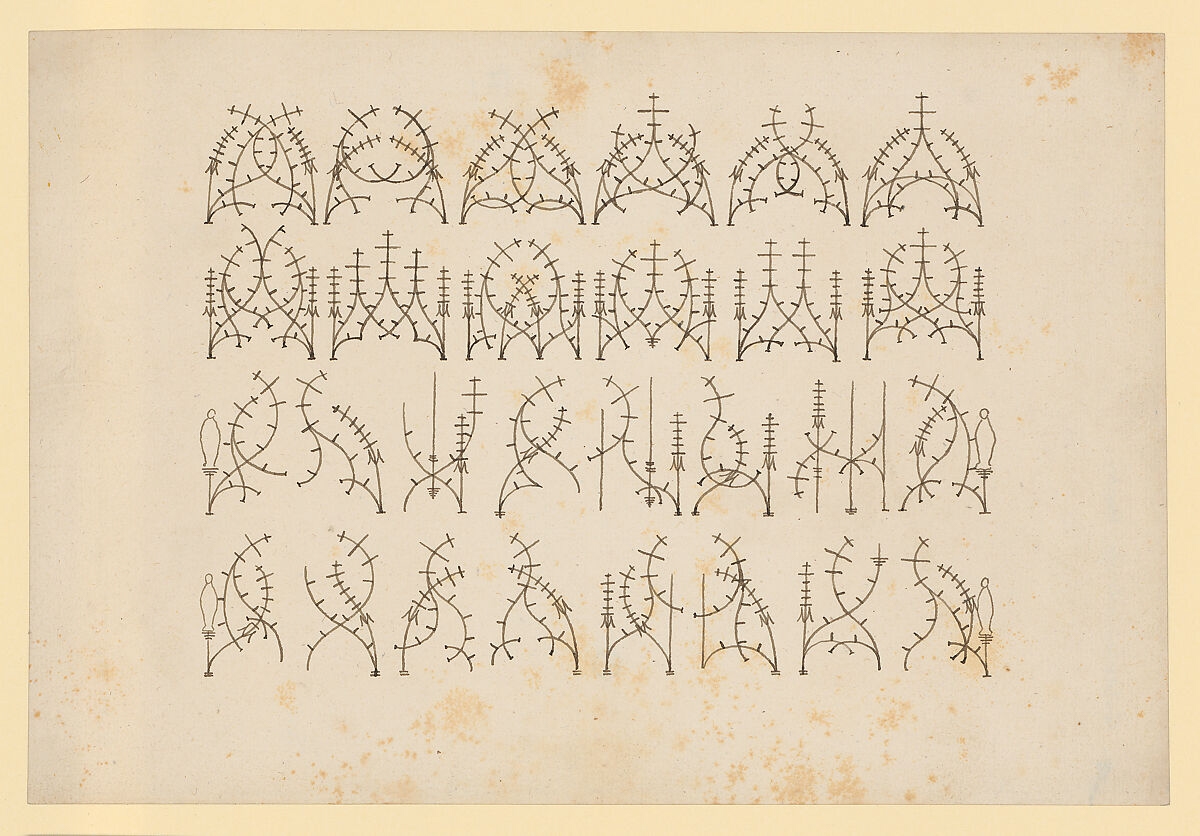 A sheet of aged cream-colored paper bearing rows of small abstract ink drawings arranged in a grid. The symbols are intricate, skeletal forms composed of curved lines, vertical staffs with cross-hatched branches, and small human or figural elements at the corners of some designs. The overall appearance suggests magical sigils, vévés, or esoteric notation, possibly from an occult or ritual manuscript. Age spots and foxing are visible across the surface.
