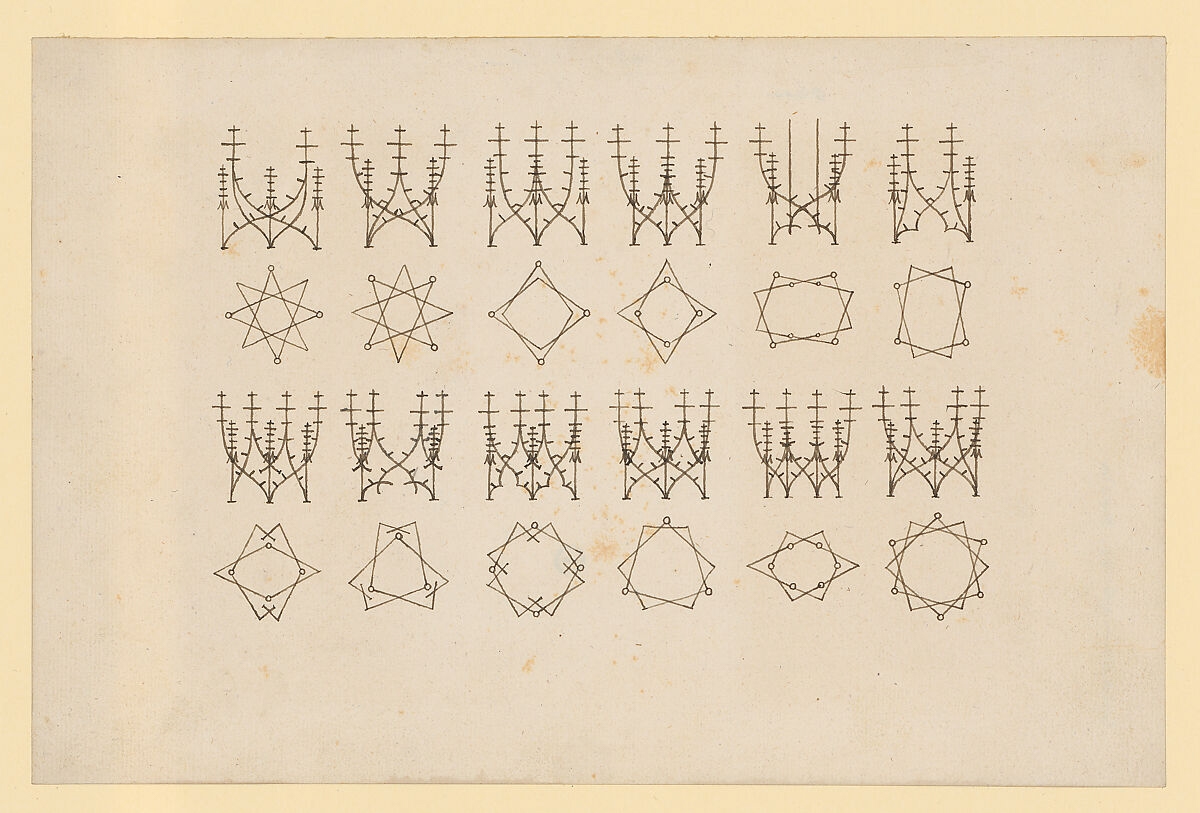 A companion sheet to the previous image, similarly arranged with rows of abstract ink symbols on aged cream paper. The upper and lower rows contain dense, branching sigil-like forms resembling stylized trees or candelabras. The middle rows feature geometric figures — six- and eight-pointed stars, diamonds, pentagons, and polygons — with small circles at the vertices, suggesting sacred geometry or diagrammatic notation from an esoteric tradition.