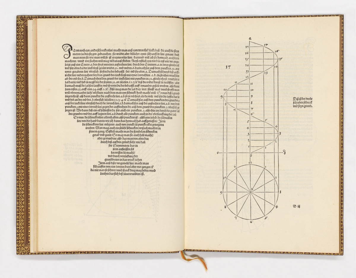 An open early printed book, likely a 16th-century German edition, displayed against a white background with a gold-bordered binding visible at the left edge. The left page is set in dense Gothic blackletter type, formatted in a tapering triangular column — a characteristic early modern layout. The right page contains a precise geometric diagram of a spiral staircase construction, labeled with numbered points and captioned in German. A small colored ribbon bookmark is visible at the bottom.