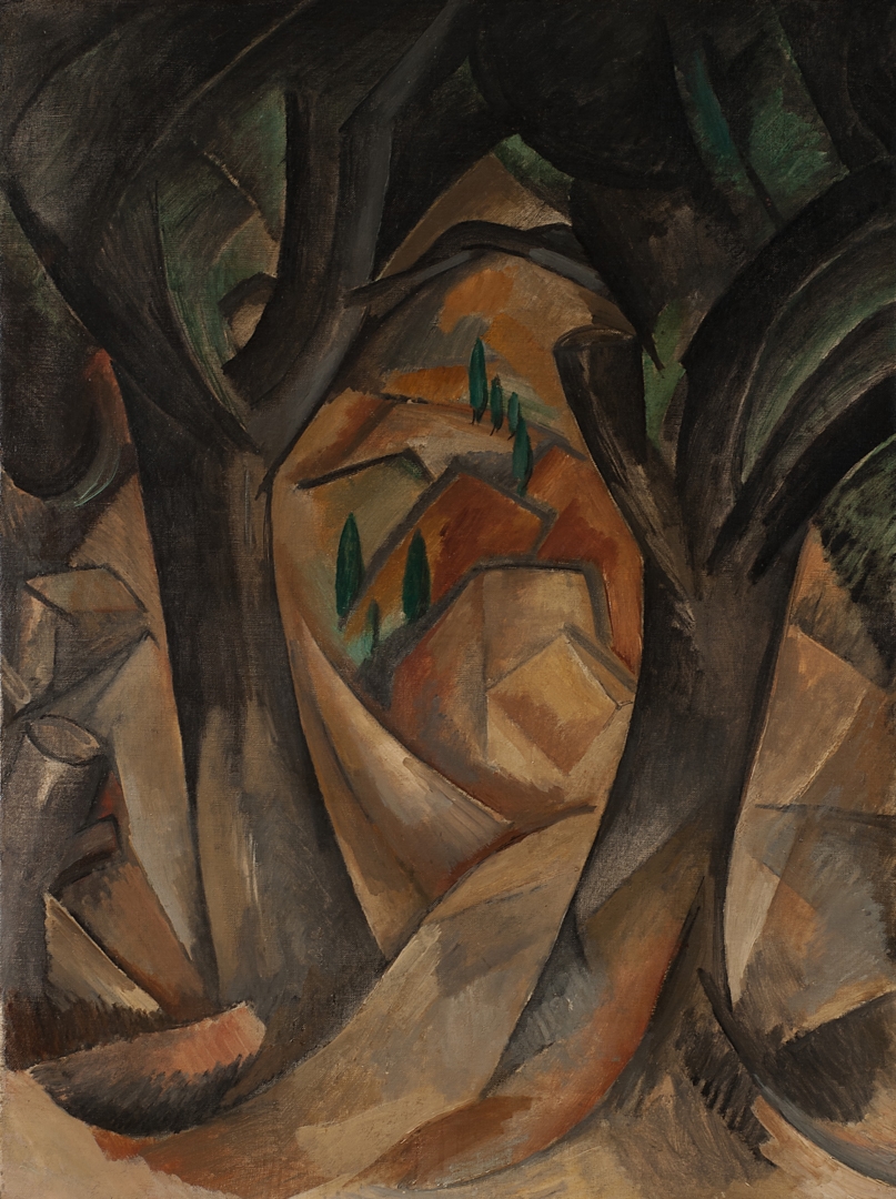 A Cubist oil painting depicting massive dark tree trunks framing a compressed, faceted view of a village in the middle distance. The landscape is broken into interlocking geometric planes in warm earth tones — ochres, burnt sienna, and tans — with small upright cypress trees rendered in muted teal. The composition creates a tunnel-like effect, drawing the eye through the trees toward the angular rooftops and terraced hillside beyond.
