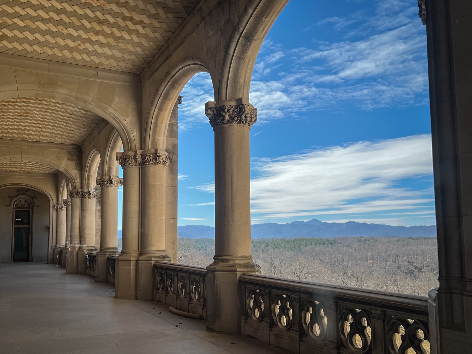 A beautiful outdoor corridor of a grand building, featuring tall, stone arches and intricate carvings at the top of each column. The ceiling is decorated with a woven, basket-like pattern. Beyond the arches, a clear view of a bright blue sky with a few wispy clouds reveals distant mountain peaks and a forest of leafless trees in the foreground. The scene feels serene, offering a blend of architectural elegance and natural beauty.