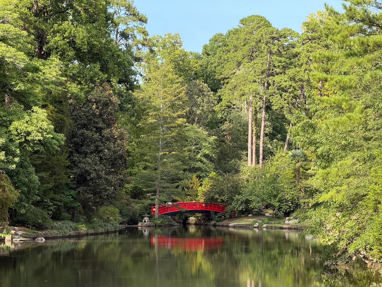 An arched red Japanese-style footbridge crossing a calm pond, surrounded by lush green trees under a clear blue sky, with the bridge and foliage mirrored in the still water below.