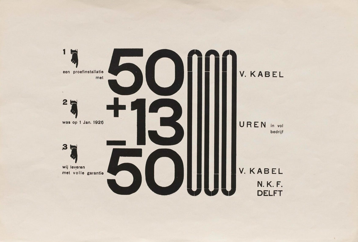 Abstract graphic design featuring bold black numbers and geometric shapes on a beige background. The main focus is on large numerals ‘50 + 13 - 50’ accompanied by vertical lines and minimalist text elements in Dutch, including the name ’V. Kabel’ and references to Delft. Small hand icons point to textual annotations.
