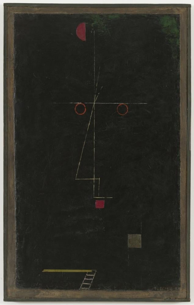 Abstract artwork featuring a dark, almost black background. Minimalist geometric shapes and lines form a highly stylized face with two small red circular shapes representing eyes, a thin yellow line outlining the nose, and a red square suggesting a mouth. Additional abstract elements, like a red half-circle near the top and a small ladder-like structure near the bottom, contribute to the surreal and balanced composition.