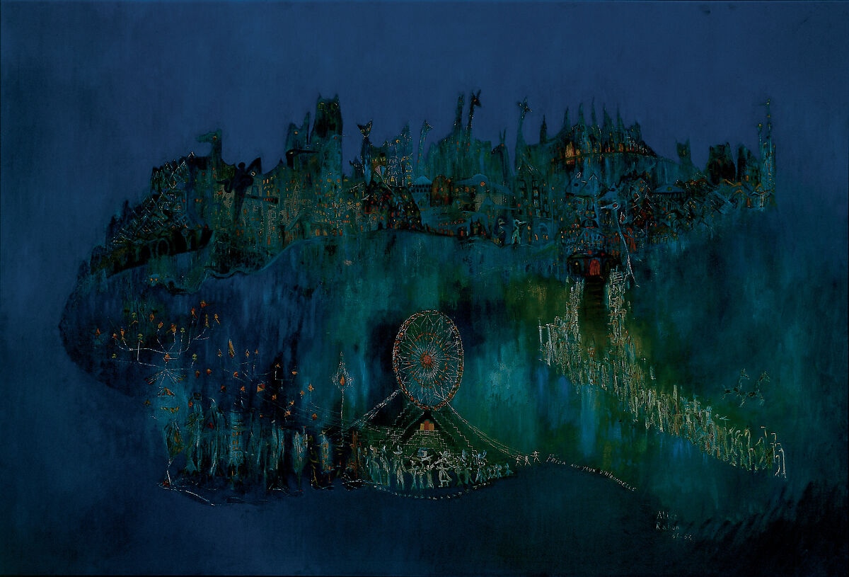A dark, surreal depiction of a nighttime cityscape lit up with small dots of light. The city is shadowy and mysterious, with abstract figures and a large Ferris wheel glowing in the middle. The deep blue and green hues evoke a dreamlike or otherworldly atmosphere.