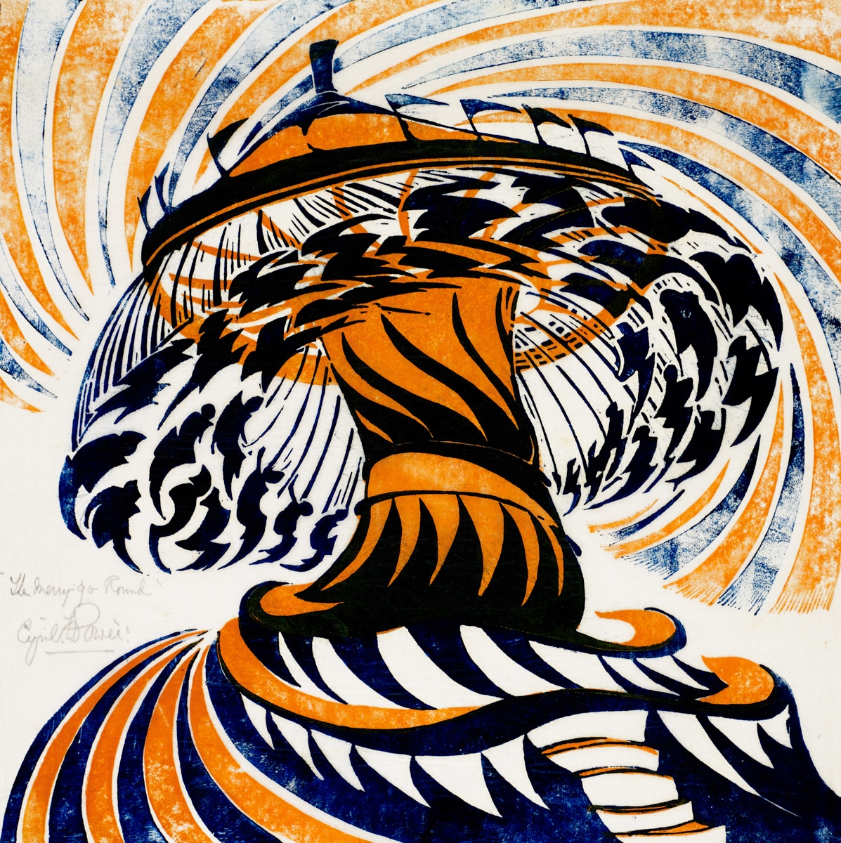 A colorful, swirling depiction of a merry-go-round in motion. The abstract style emphasizes the rotation and energy of the scene, with bold orange, blue, and white patterns spiraling outward from the central structure. The movement is chaotic yet rhythmic, suggesting a fast, almost dizzying ride.