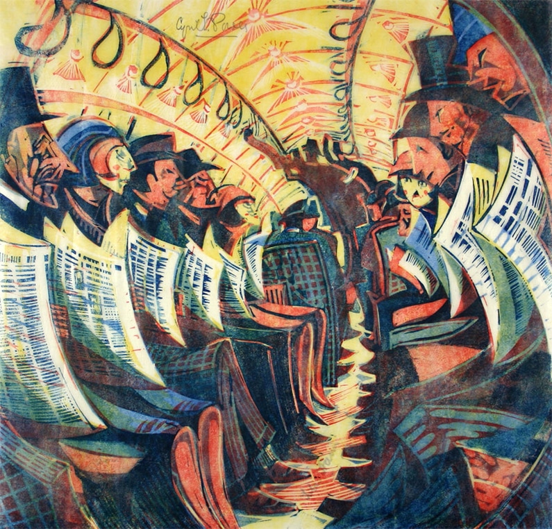 A dynamic and abstract portrayal of passengers seated inside a subway train, with angular, fragmented shapes. The figures are distorted, holding newspapers, with vibrant yellow and red tones lighting up the scene. The curved lines and exaggerated shapes create a sense of movement and tension within the confined space of the train.