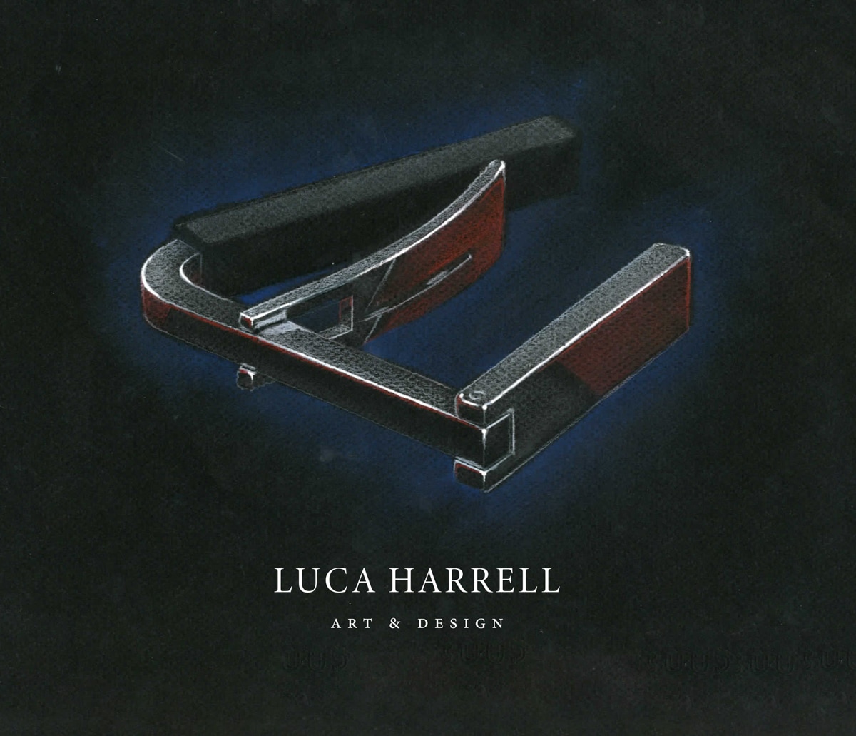 A detailed rendering of a modern guitar clip design, featuring sleek, angular lines and a combination of dark and metallic textures. The clip is set against a soft blue glow, highlighting its form and function. Below the image, the name "Luca Harrell" is displayed, along with the text "Art & Design," emphasizing the creative and contemporary nature of the design.