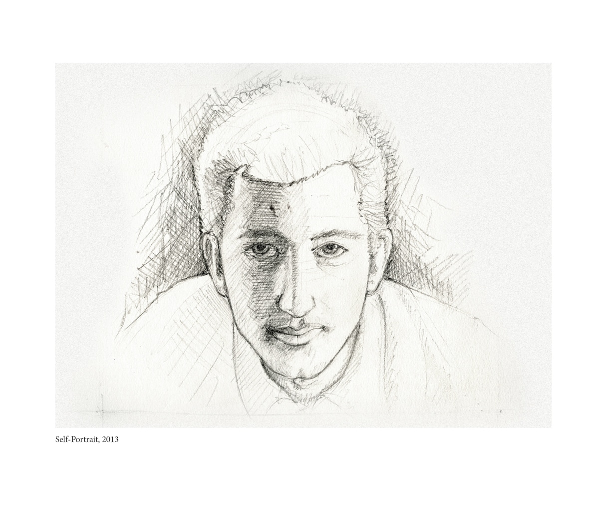 A hand-drawn self-portrait sketch from 2013, capturing the artist's facial features with soft pencil lines and cross-hatching to emphasize shading and texture.