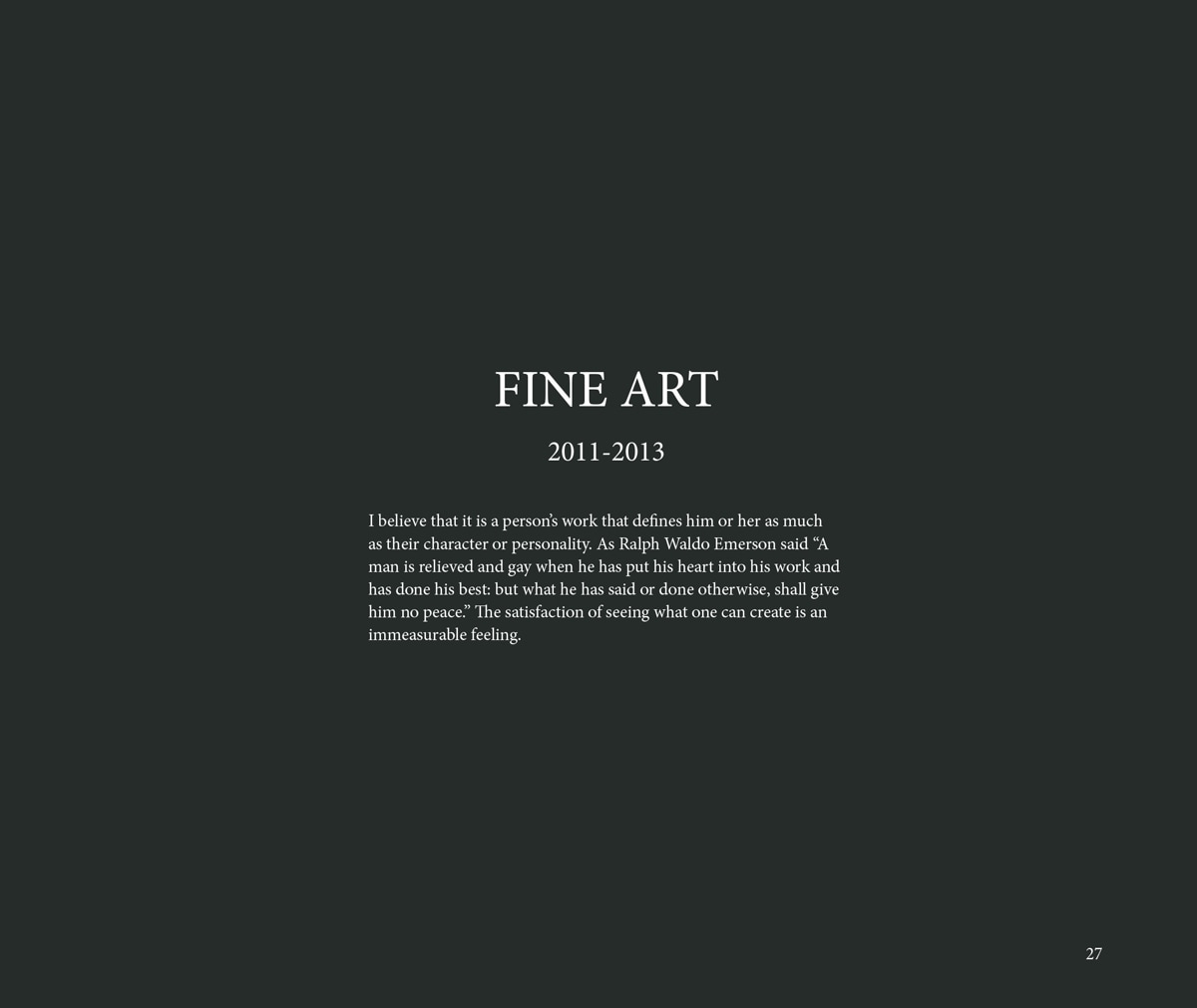 A text page introducing a fine art collection from 2011-2013, with a Ralph Waldo Emerson quote about the importance of putting heart into one's work.
