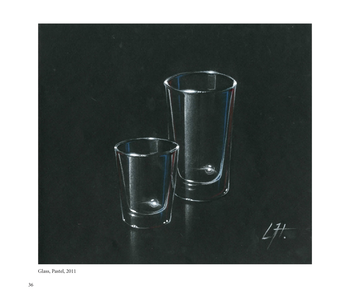 A pastel drawing of two clear drinking glasses, reflecting light softly. The shading and highlights create a realistic and transparent appearance on a dark background.