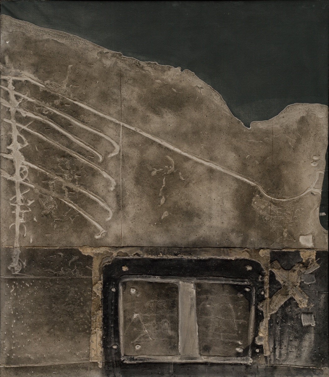 A muted, textured abstract piece with organic patterns and rough, earthy shades of gray, beige, and black, featuring subtle lines and relief-like markings.