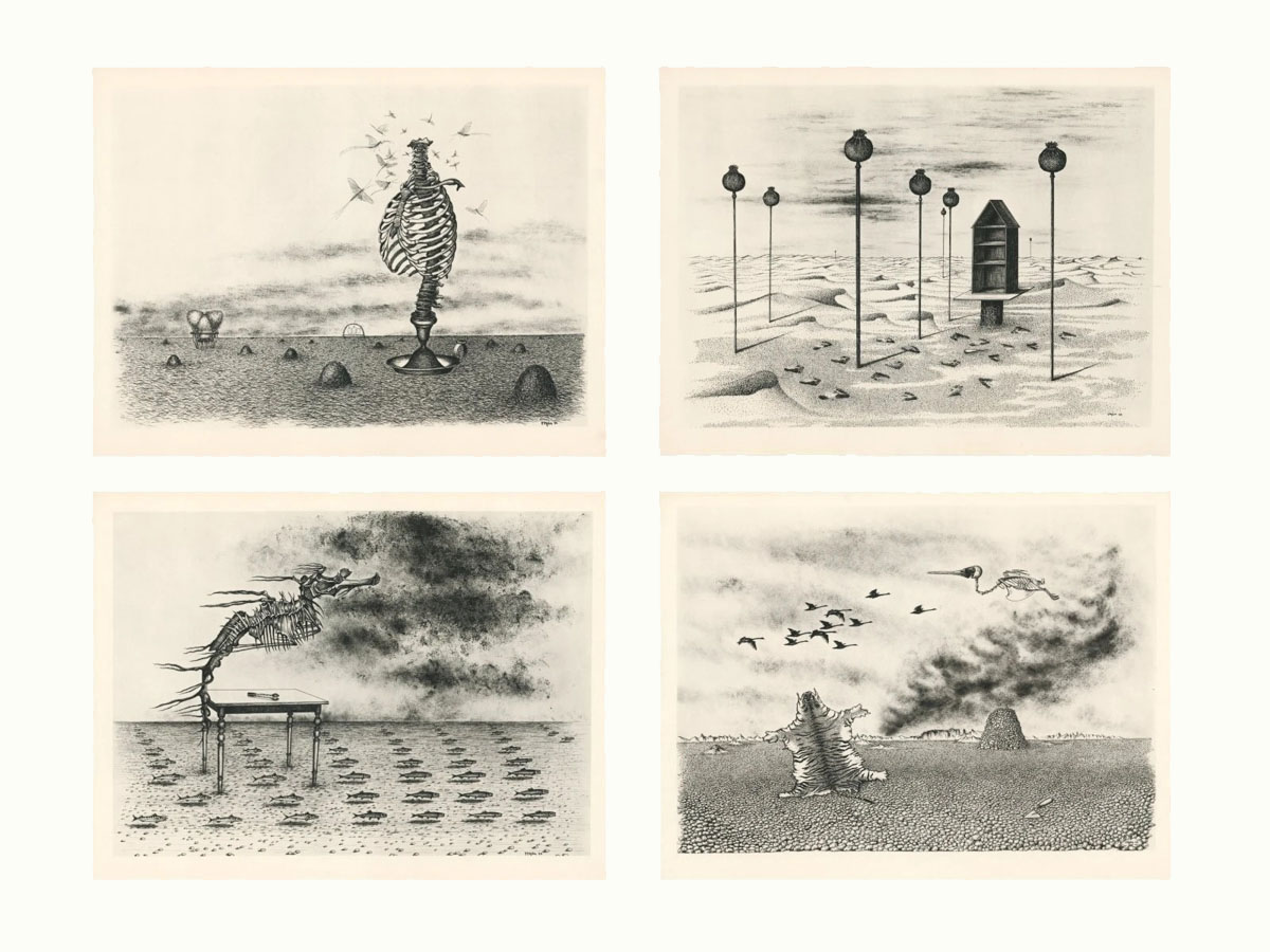 A set of four surreal black-and-white drawings depicting otherworldly landscapes with strange, skeletal figures, floating structures, and barren, dreamlike deserts.