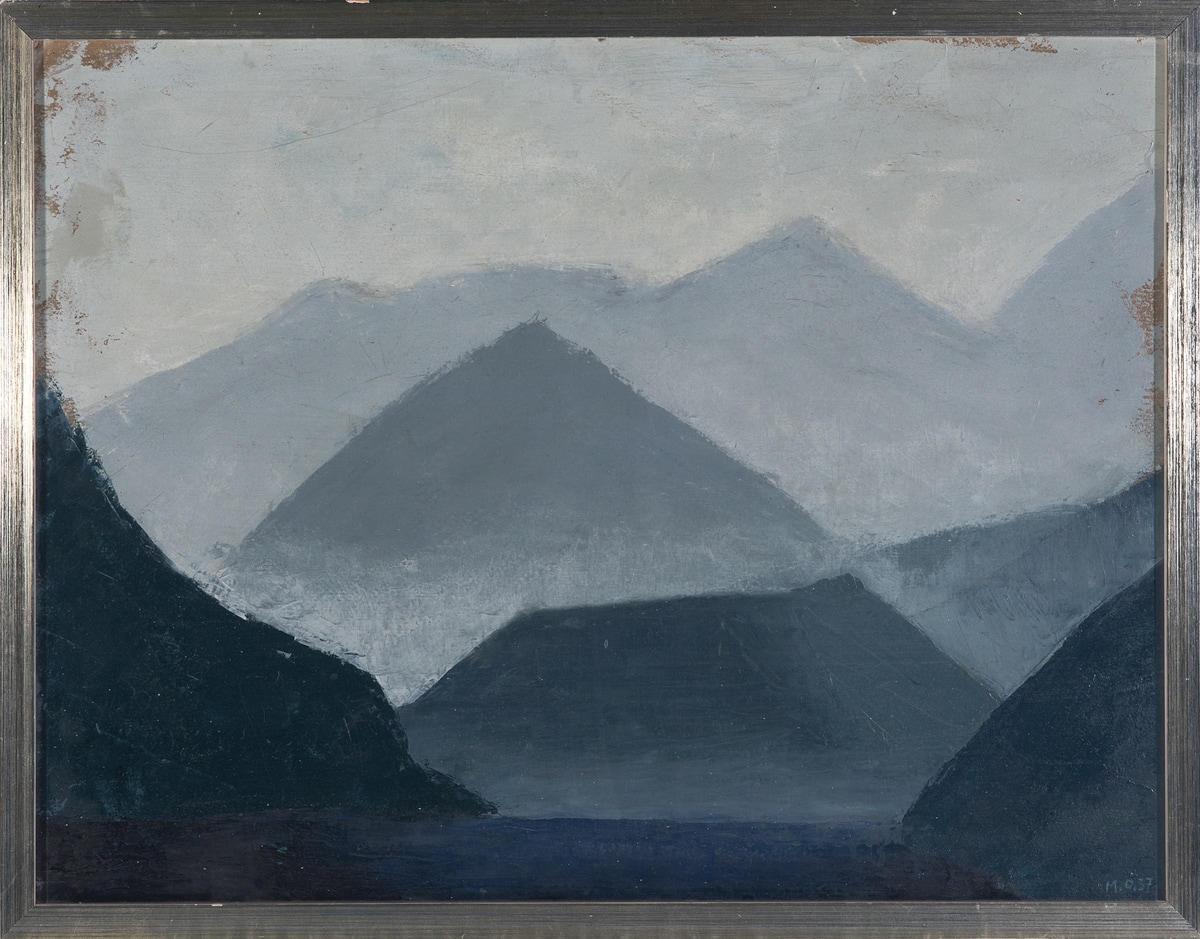 A minimalist landscape painting of blue and gray mountain peaks in layers, fading into the background under a muted, cloudy sky.