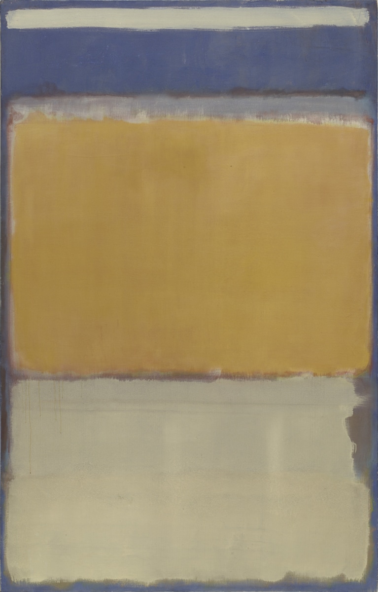 An abstract painting with large blocks of muted yellow, blue, and white, softly blending at the edges, evoking a sense of minimalism and calm.