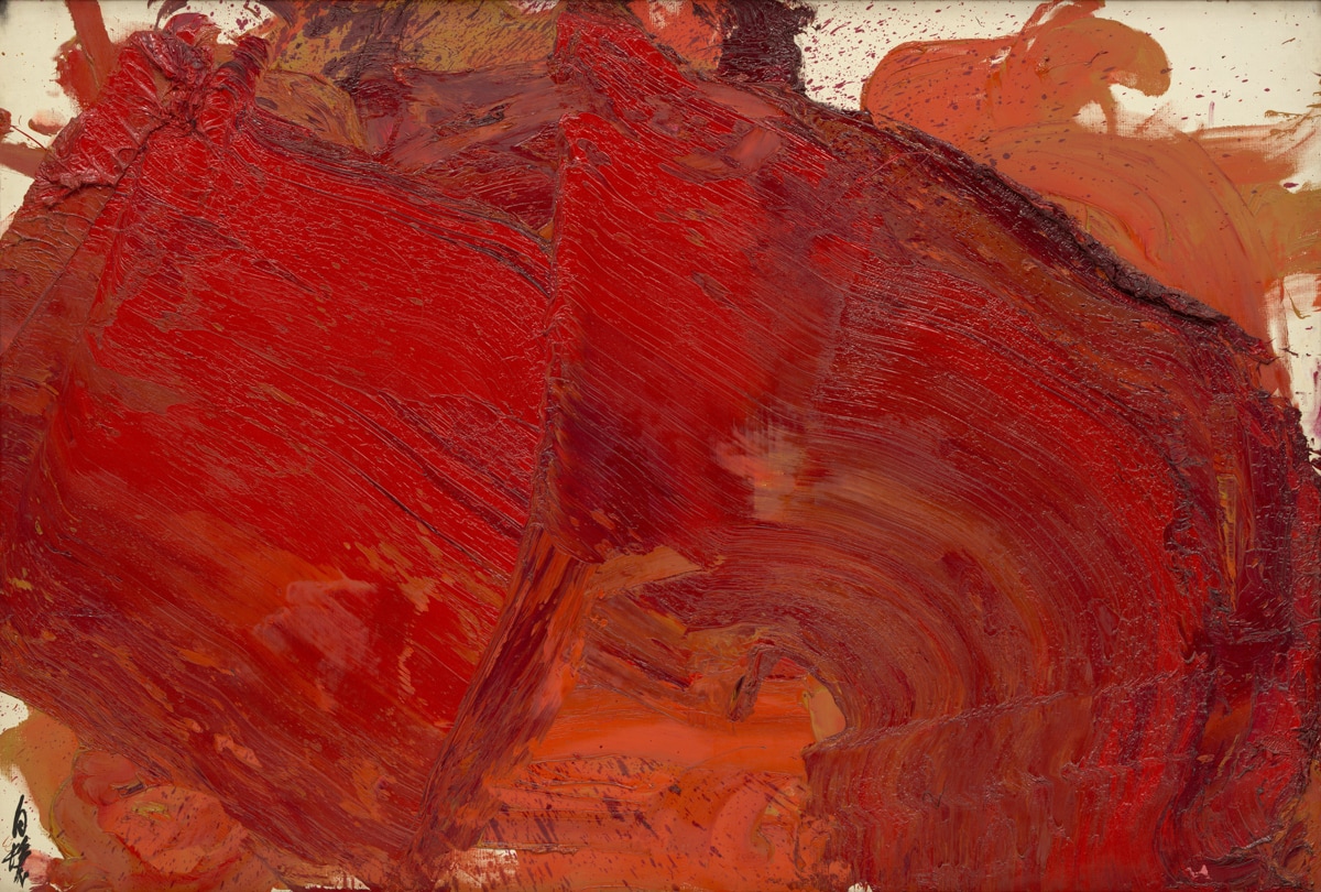 An abstract painting with thick, bold strokes of red paint, creating textured layers with varying shades of crimson and orange.