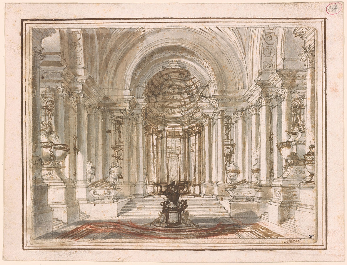A detailed architectural drawing of a lavish church interior, showcasing grand columns, arches, and a coffered ceiling. The space is decorated with ornate urns, sculptures, and a central fountain, with subtle color shading highlighting the grandeur of the structure.
