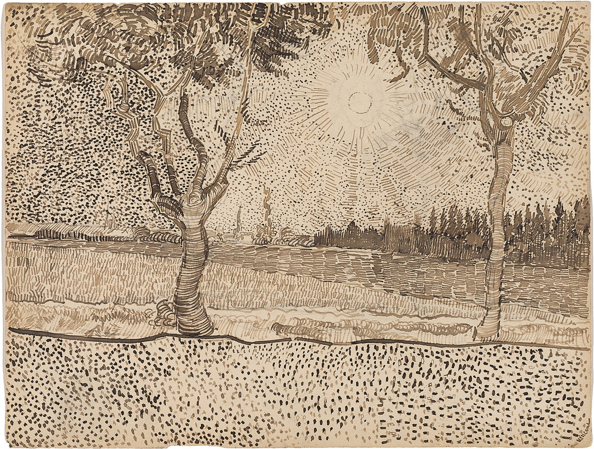 This sketch captures a bright, sunlit landscape with Van Gogh's characteristic dotted and lined texture. The trees and the sun are depicted with swirling and radiant energy, showing the artist's unique ability to express the vitality of nature even in monochrome.