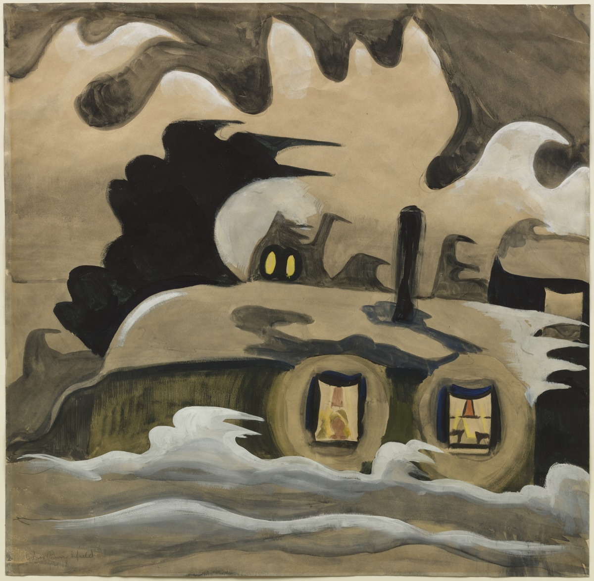 An abstract painting depicting a mysterious night scene with a house surrounded by swirling wind and dark clouds. The house has two brightly lit windows showing figures inside, and large dark shapes loom overhead, possibly symbolizing trees or storm clouds. The overall palette is dark and muted, evoking a sense of isolation or eerie calm.