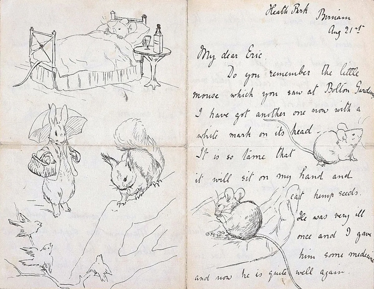 A handwritten letter accompanied by delicate pen sketches. The illustrations show a small mouse in bed with a bottle of medicine on a bedside table, a rabbit holding an umbrella and a basket, a fluffy-tailed squirrel perched on a rock, and birds flying below. Another drawing shows a mouse sitting in a human hand, eating seeds.