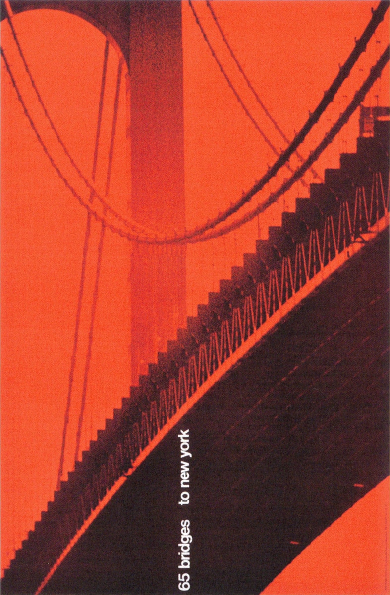 A stylized image of a bridge, primarily in red and black hues, showing a dramatic view of the bridge's suspension cables and support structures. The composition emphasizes the geometric lines and sweeping curves of the architecture, with the text "65 bridges to New York" placed vertically along the right side.