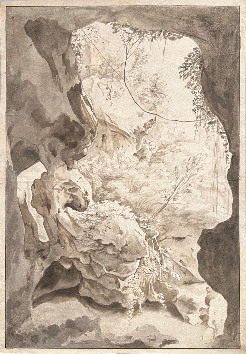 A shaded, intricate drawing of a rocky cave entrance framed by trees and foliage. Light filters through the cave, highlighting delicate plants and stones, giving the scene an organic, naturalistic feel.