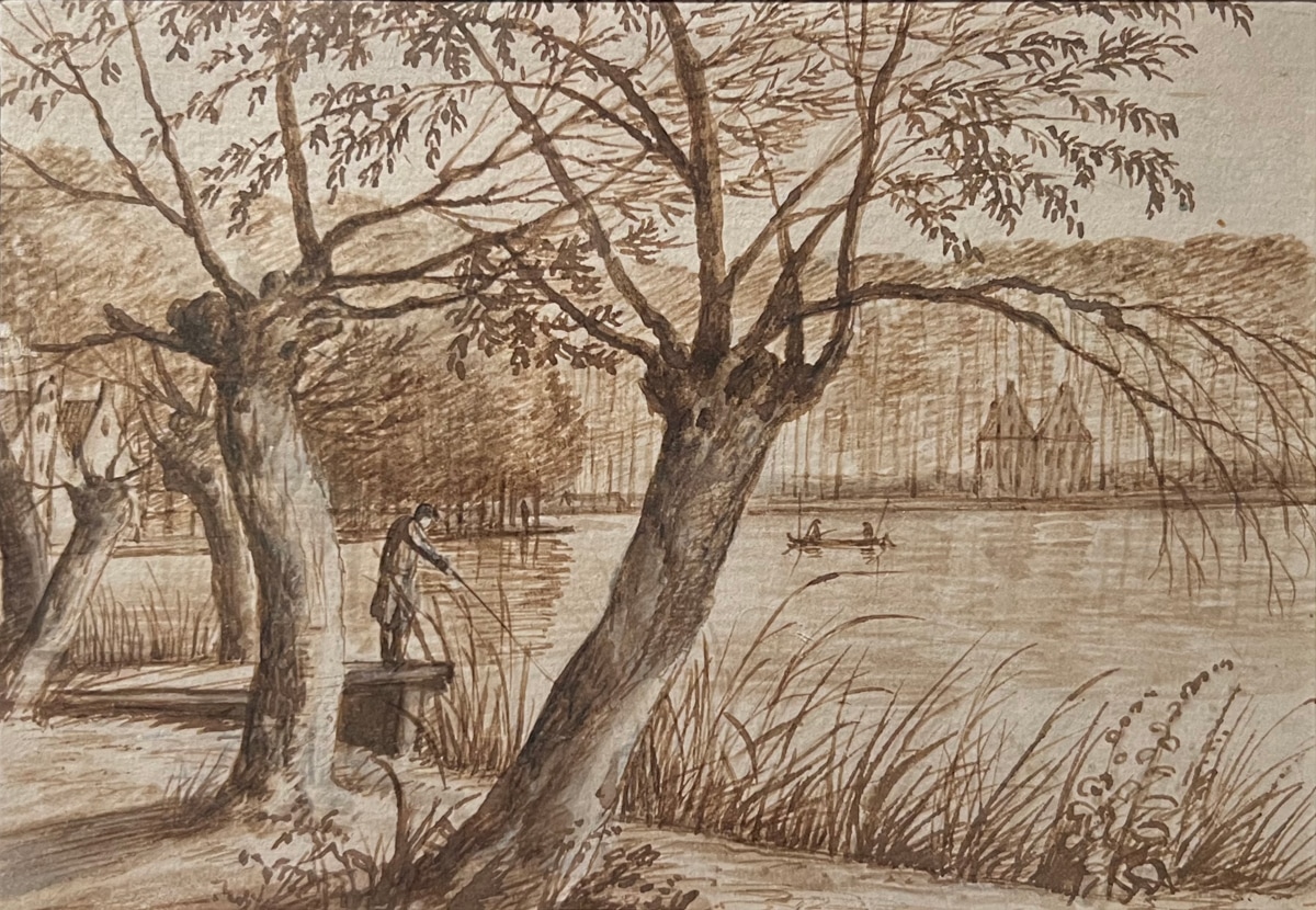 A detailed landscape sketch of a serene riverside scene. A person stands fishing from a dock under large, overhanging trees, with small boats visible in the water and a distant estate or castle in the background.