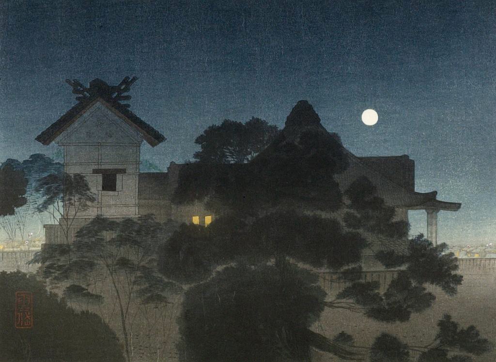 A serene night scene depicting a traditional Japanese building partially obscured by trees, bathed in soft moonlight. The sky is a gradient of deep blue, with a bright full moon illuminating the calm surroundings. Faint lights glow warmly from the windows of the structure, creating a contrast between the cool tones of the night and the gentle warmth within. The intricate silhouettes of the trees add depth and texture to the tranquil, atmospheric composition.