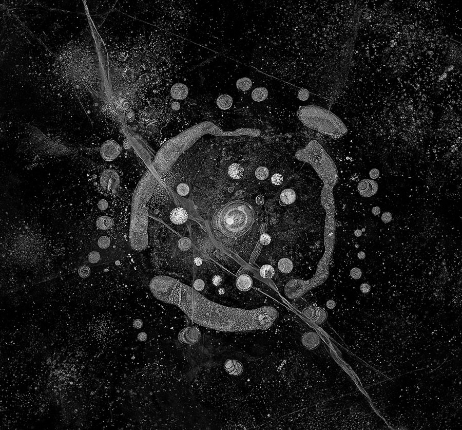 A black-and-white abstract artwork with a central circular formation surrounded by smaller bubble-like shapes and radial streaks, evoking the image of a galaxy or a celestial map. The texture is intricate and suggests a blend of natural and cosmic elements.