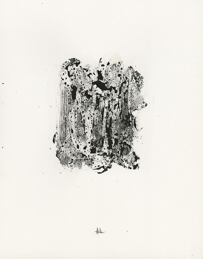An abstract artwork, created using black ink or paint on a white background. The composition is textured, with layered strokes, splatters, and smudges, forming a dynamic, organic structure.