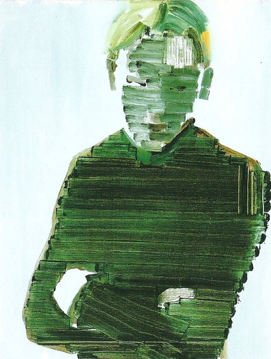 Abstract painting of a person rendered in green horizontal brushstrokes, blending shades of green and yellow. The figure's features are obscured, creating a mysterious and minimalist impression against a pale background.