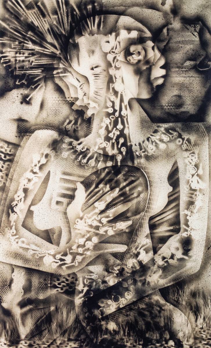 A surreal and abstract artwork featuring a distorted human figure, seemingly merging with mechanical or organic elements. The composition has a monochromatic palette, with intricate patterns, textures, and fine details resembling biological structures, gears, or circuit-like designs. The figure appears to be in an embrace, with hands pressed against the chest, and the face partially obscured or fused with surrounding forms. The overall effect is dreamlike, evoking themes of transformation, connection, and the blending of human and non-human elements.