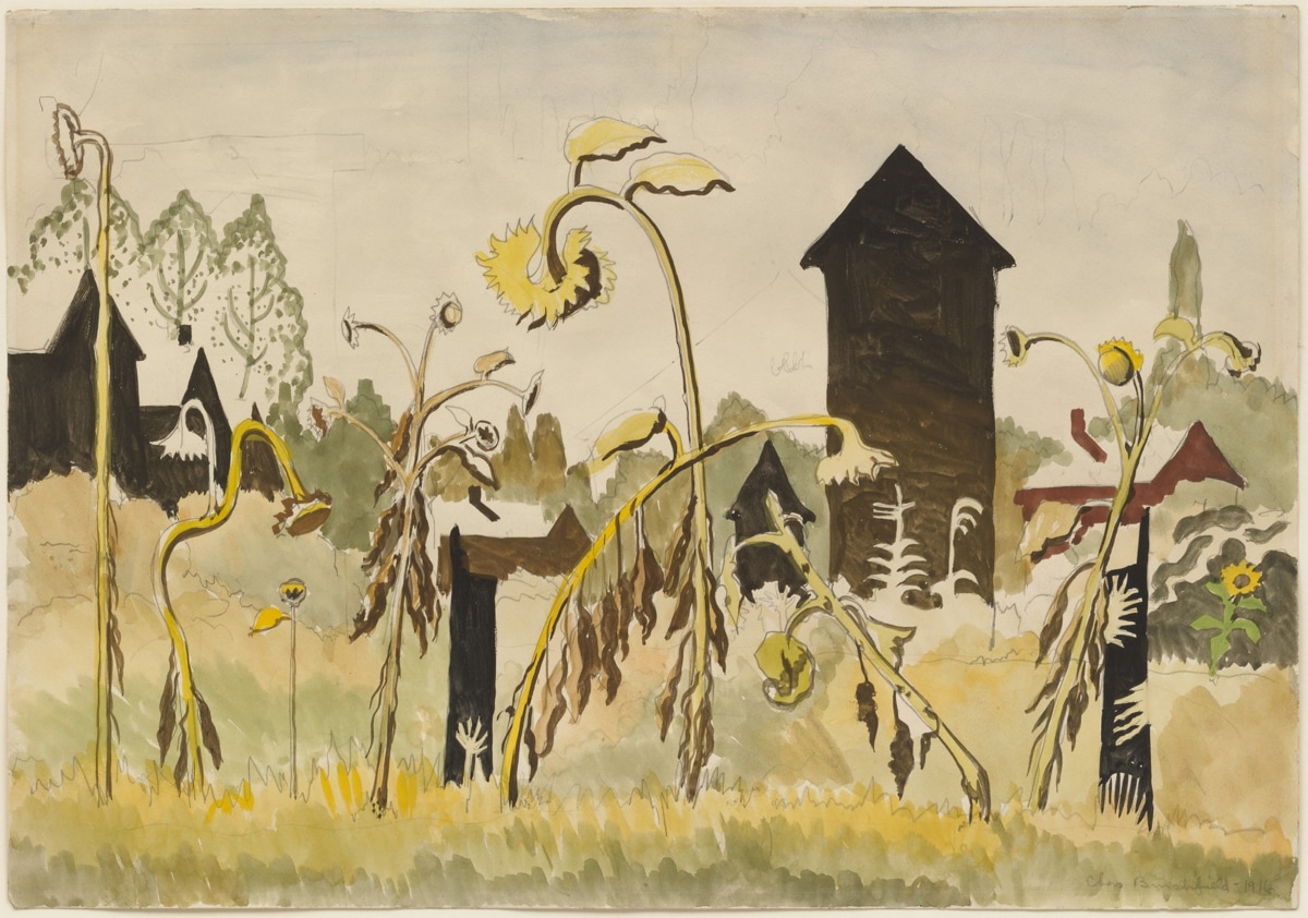 A watercolor painting depicting a field of withered sunflowers with drooping heads, surrounded by dark, silhouetted buildings. The sunflowers have bent and twisted stems, conveying a sense of decay or the passage of time. The background features trees, a pale sky, and rustic structures with sharp, angular roofs. The earthy color palette includes yellows, browns, and muted greens, creating a melancholic and atmospheric rural scene.