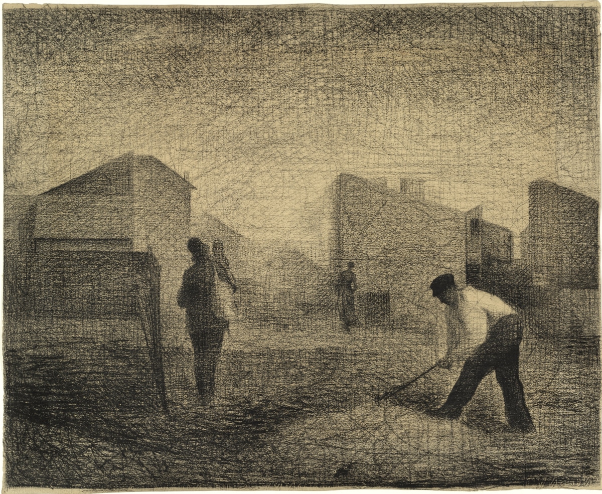 A monochromatic drawing depicting a quiet urban scene with three silhouetted figures among geometric buildings. In the foreground, a laborer in a cap and white shirt is bent over, breaking stones with a tool. To the left, another figure walks away, carrying a sack over their shoulder, while a third figure stands in the distance. The cross-hatching technique creates a hazy, atmospheric effect, evoking a somber and meditative mood. The composition emphasizes the contrast between light and shadow, with an emphasis on the daily struggles of working-class life.