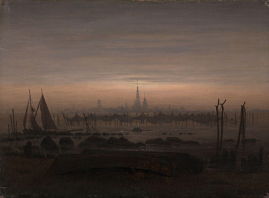 A moody twilight scene with a distant town skyline visible across dark waters. Masts, fishing nets, and boats dot the shore, bathed in pale moonlight that barely pierces the gloom.